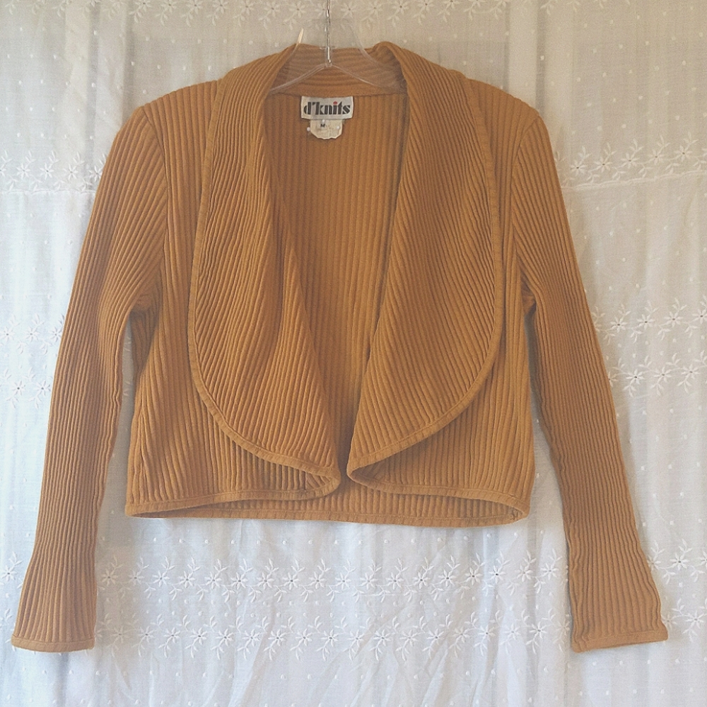 Vintage 80's/90's Goldenrod Ribbed Jersey Knit Cropped Cardigan Cotton Size Med.